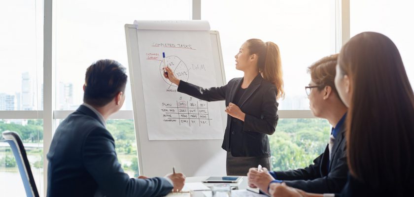 Attractive Asian businesswoman with ponytail pointing at diagram on marker board while holding working meeting in spacious boardroom